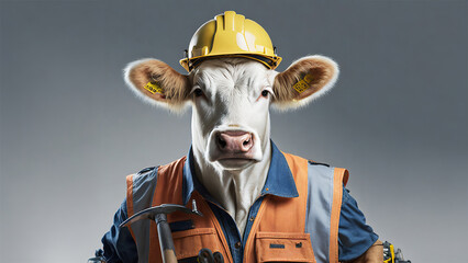 Construction cow portrait with yellow construction helmet
