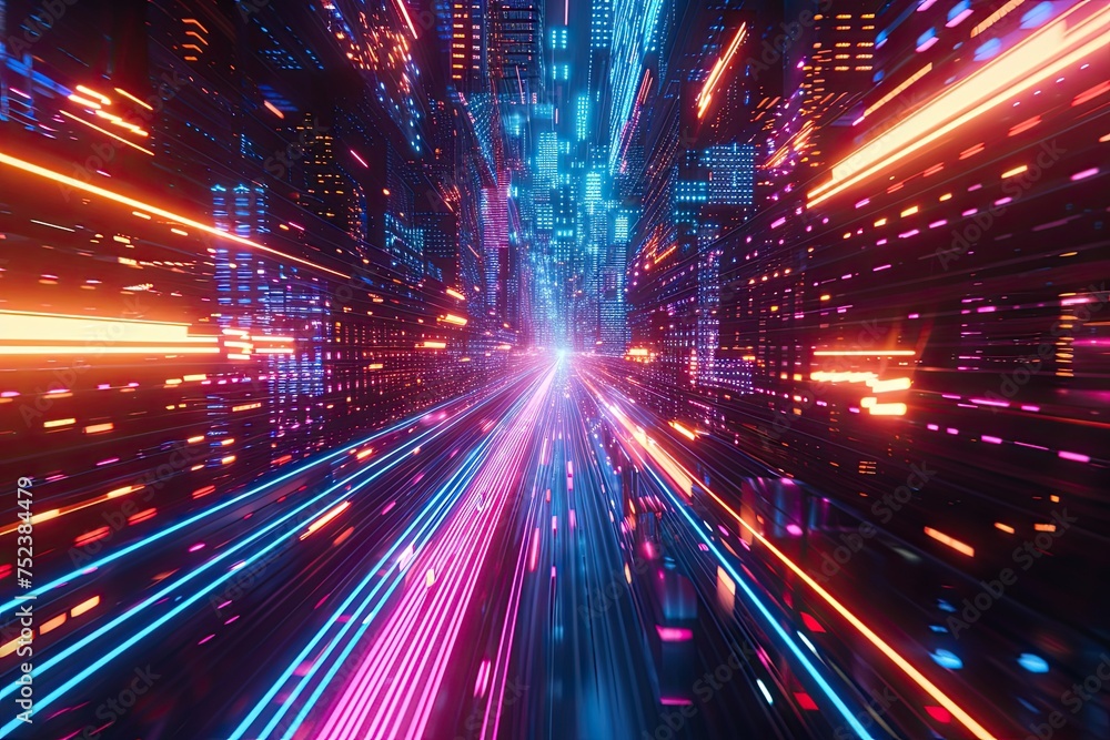 Aufkleber glowing colorful of neon light or laser moving high speed data network technology