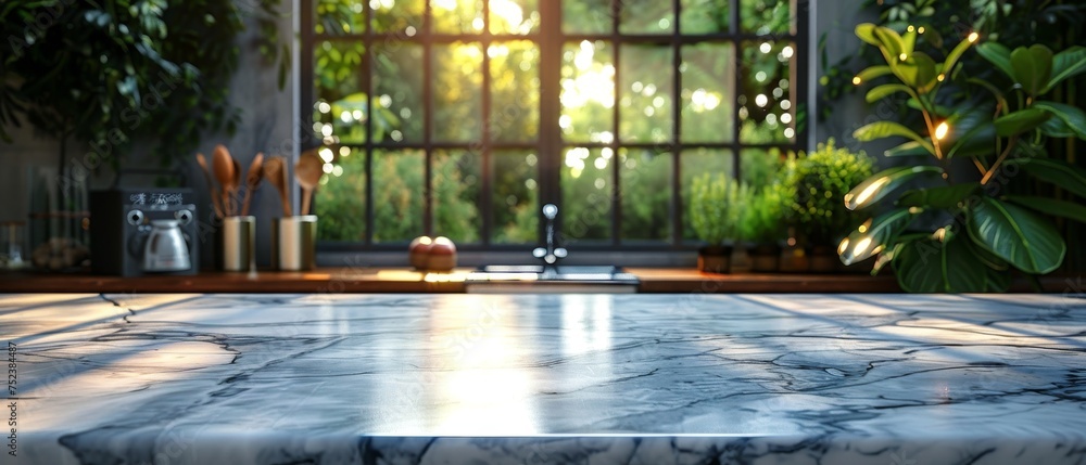 Poster 3D rendering of a marble countertop against a blurred background of a kitchen with appliances and utensils near a window with a green plant.