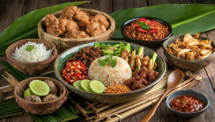 Appetizing Image of Nasi Tutug Oncom - Traditional Sundanese Meal Highlighting Fermented Soybean Rice, Fried Chicken, Tempeh, Tofu, and More - Optimized for Textures, Colors, and Flavors in Sundanese 