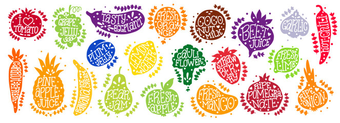 Fruit shapes. Vegan food. Vegetable color stickers with lettering. Carrot or broccoli. Recipe logo. Grape jelly. Fresh ripe orange. Vintage tomato and apple icons. Vector meal stamps set