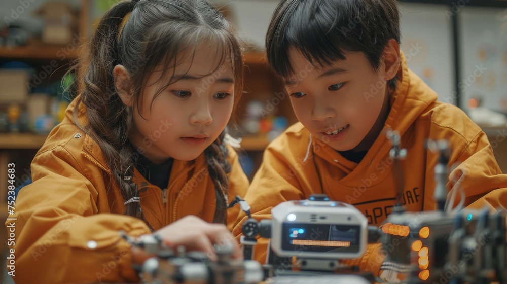 Aufkleber the girls and boys program a cute little robot with a laptop for their science class.