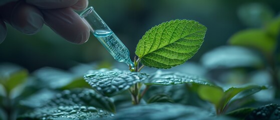 Scientist holding tube with leaf in close up