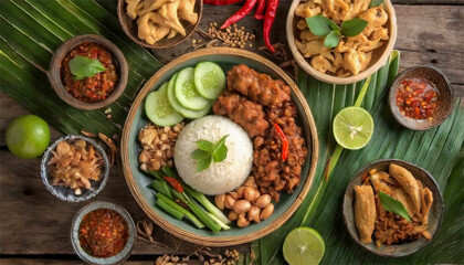 Appetizing Image of Nasi Tutug Oncom - Traditional Sundanese Meal Highlighting Fermented Soybean Rice, Fried Chicken, Tempeh, Tofu, and More - Optimized for Textures, Colors, and Flavors in Sundanese  - obrazy, fototapety, plakaty