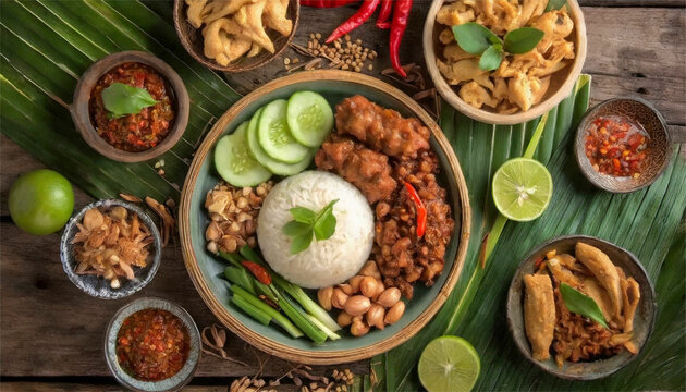 Appetizing Image of Nasi Tutug Oncom - Traditional Sundanese Meal Highlighting Fermented Soybean Rice, Fried Chicken, Tempeh, Tofu, and More - Optimized for Textures, Colors, and Flavors in Sundanese 