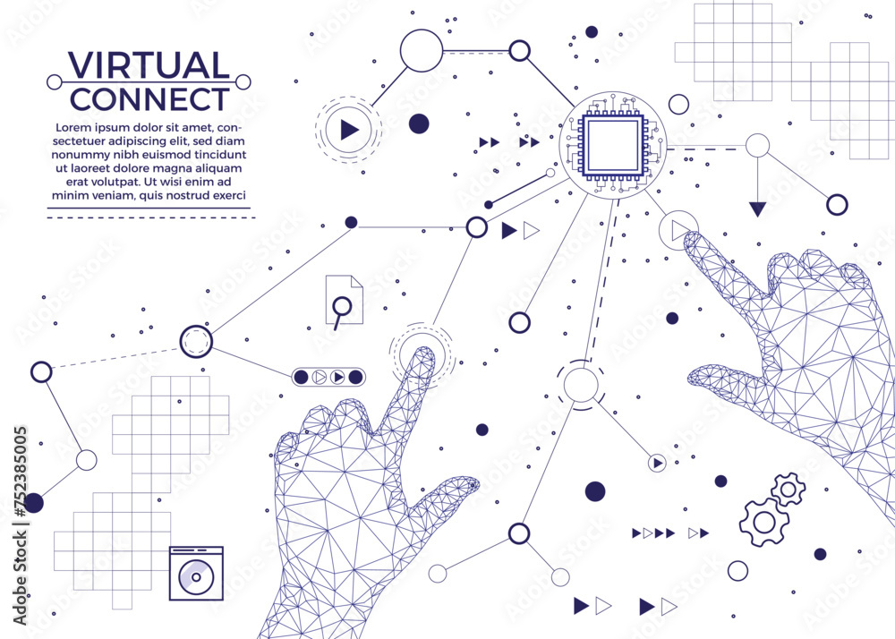 Aufkleber Virtual connect. concept. Future robot hands. Internet business industry. Artificial line clouds. Smart human arms. Digital processor and microchip. Computer innovation. Vector concept