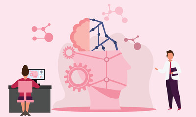 People Using Artificial Intelligence Digital Programming Data. Science and artificial intelligence technology, futuristic, AI, engineering and business concepts. Flat vector illustration.