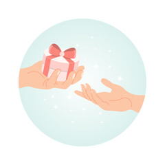 Hands holding gift box. Romantic surprise gift box. Birthday presents cardboard box with ribbon. Vector illustration.