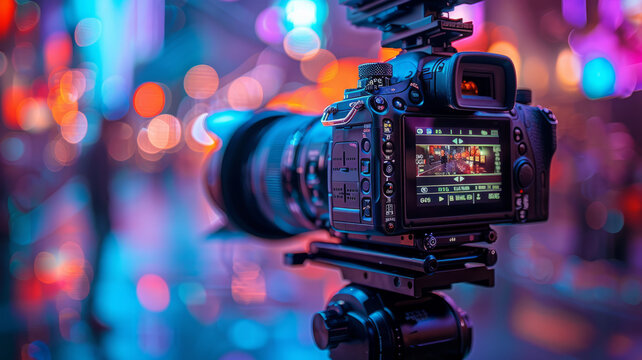 Close up of video camera with screen, blurred studio background with lights in the background,generative ai