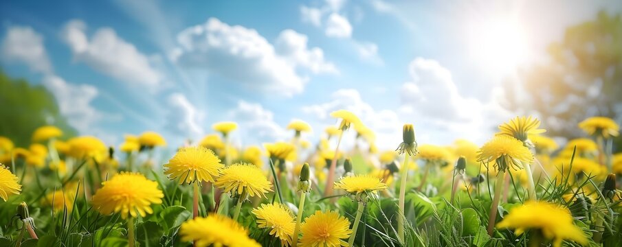 Idyllic meadow with lush grass and yellow dandelions under a sunny sky. Concept Meadow Photoshoot, Natural Beauty, Sunny Day Scene, Yellow Flowers, Outdoor Portraits