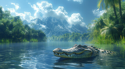 Crocodile Swimming in a Lake in the Mountains - obrazy, fototapety, plakaty