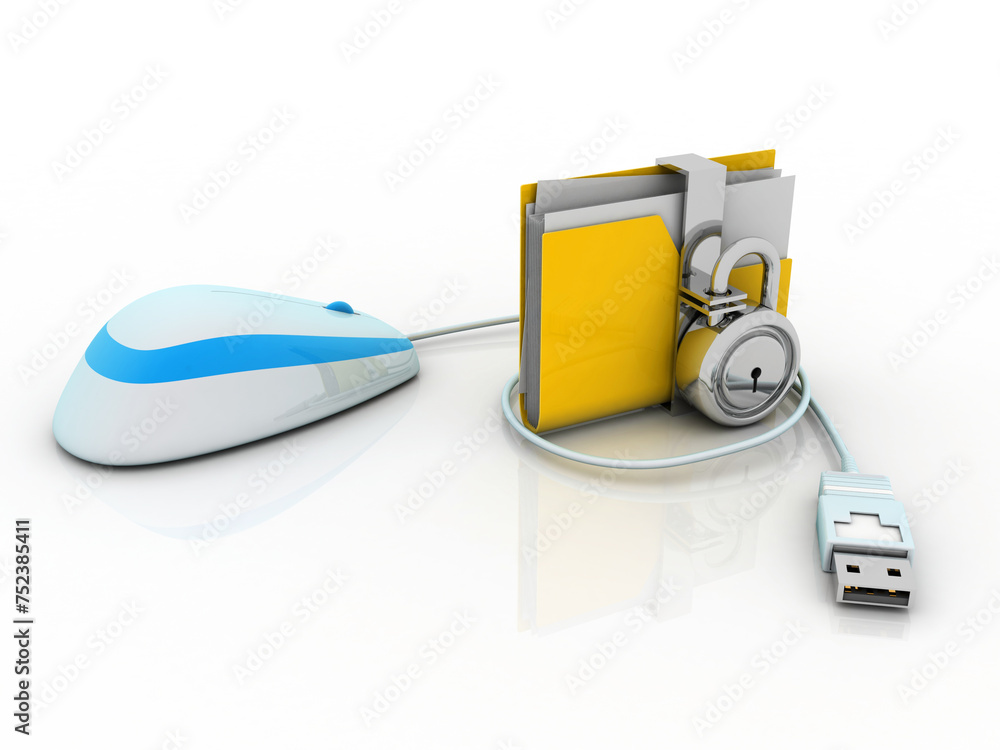 Poster 3d rendering yellow folder protection lock connected mouse . data security concept