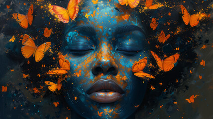 Goddess transforms, neon paint splashes, butterflies emerge.generative ai