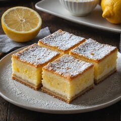 Photo of lemon squares, close-up of restaurant menu dish