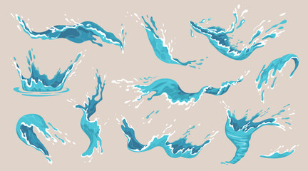 Water splash. Ocean wave, sea drop with circle liquid effect of swirl or spray, 2d flow, drink spill or droplet. Clean fresh aqua in motion. Splashing flowing particles. Vector cartoon icons