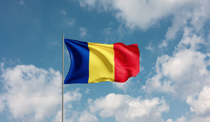 Flag Romania against cloudy sky. Country, nation, union, banner, government, Romanian culture, politics. 3D illustration