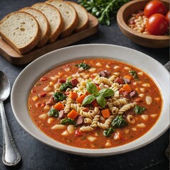 Photo of Minestrone Soup, close-up of restaurant menu dish