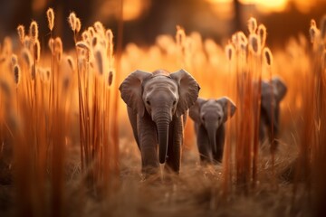 Herd of elephants walking across dry grass field, african wildlife scene at sunset