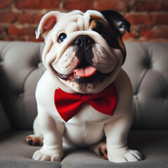 close up portrait of a smiling happy dog with a red bow tie