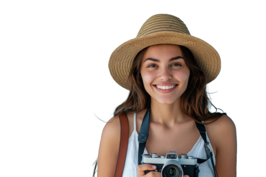 A smiling young woman in a summer hat stands holding a photo camera looking away from the copy space on a blue background.