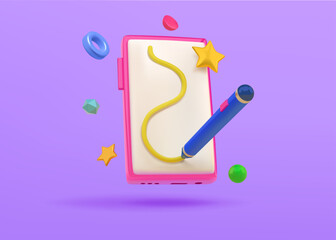 Fototapeta premium Digital education. 3D phone render. Clean note book. Graphic UI mobile notebook or cellphone app. Study to drawing. Knowledge learning. Painter school. Tablet screen. Vector mobile icon
