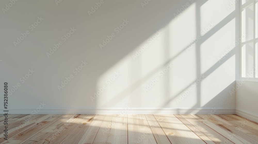 Aufkleber white empty room with wood laminate floor and the sun casting shadows on the wall. perspective of mi