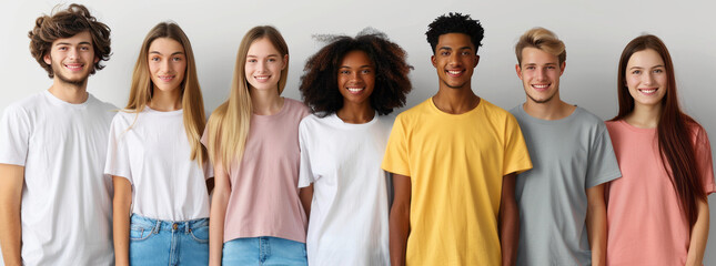 a website banner for a custom t-shirt company, white background, models with different t-shirt designs,generative ai - obrazy, fototapety, plakaty