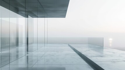 An abstract futuristic glass architecture with an empty concrete floor rendered in 3D.