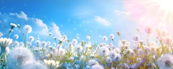Vibrant dandelions bloom on a sunny meadow framed by blue skies. Concept Nature, Flowers, Meadow, Landscape, Sunny Day