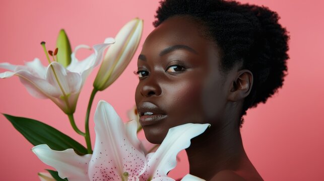 Photographic portrait of a young, beautiful African American model posing with white lilies against a pink background