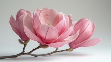 A magnolia flower in pink surrounded by a white background in full depth of field