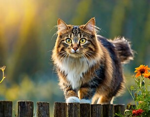  A tabby cat walks on a wooden fence amid vibrant flowers