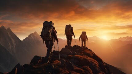 A group of climbers with backpacks climb to the top of the Mountain, Rocks at sunset. Mountaineering, Scenic Landscape, Extreme sports, Hiking, Travel, Active healthy lifestyle concept. - obrazy, fototapety, plakaty