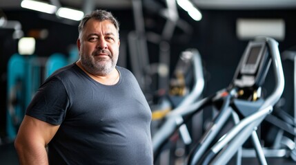 Fototapeta na wymiar An overweight mature elderly middle aged man stands in the gym preparing to play sports, the concept of an active life in old age, taking care of the body