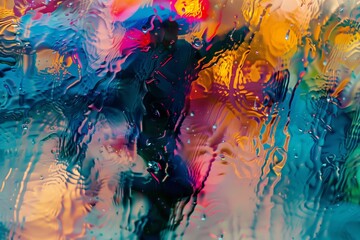 Abstract Liquid Spectrum: Vivid Colors Through Glass with Water Drops with Person Dancing in Background - Ideal for Backgrounds and Textures