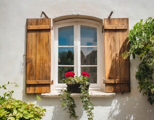 Quaint window with wooden shutters adorned by vibrant red flowers.