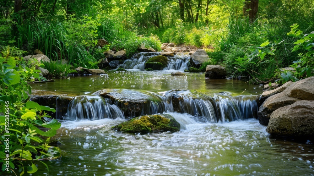 Poster a gentle stream flows over small waterfalls, surrounded by lush greenery and rocks, creating a tranq