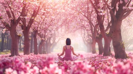 In the soft morning light, a woman finds serenity meditating amongst a vibrant alley of blooming pink cherry blossoms.