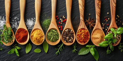 Assorted aromatic spices and herbs in rustic wooden spoons on dark background, top view