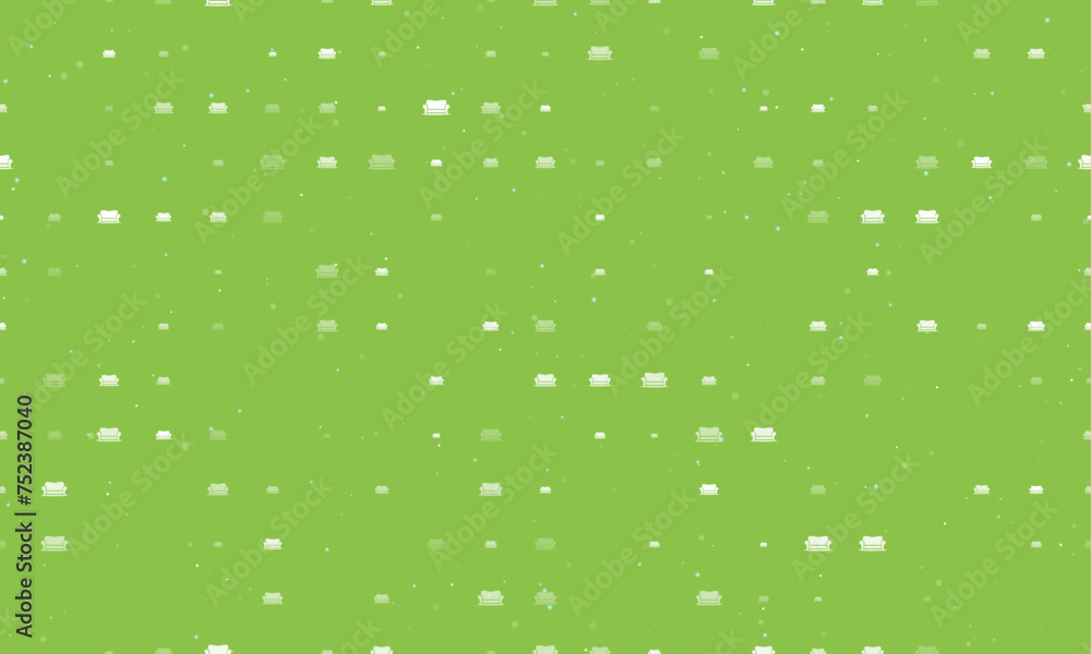 Poster seamless background pattern of evenly spaced white sofa symbols of different sizes and opacity. vect
