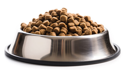 A full bowl of dry dog food is presented in a shiny stainless steel bowl on a white background