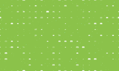 Seamless background pattern of evenly spaced white sofa symbols of different sizes and opacity. Vector illustration on light green background with stars