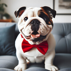 close up portrait of a smiling happy dog with a red bow tie