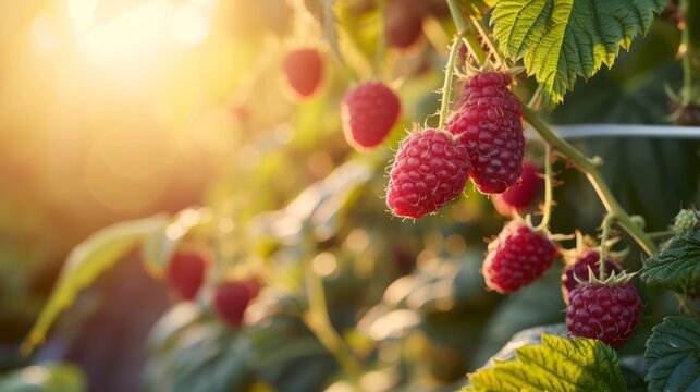 Growing raspberries harvest and producing vegetables cultivation. Concept of small eco green business organic farming gardening and healthy food