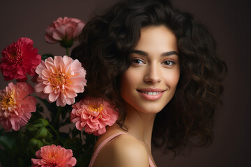 Naklejka premium Beautiful woman with natural beauty celebrating international women day Generative AI conceptual collage