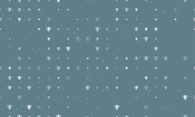 Seamless background pattern of evenly spaced white elephant heads of different sizes and opacity. Vector illustration on blue gray background with stars