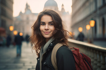 Fototapeta premium Generated with AI photo of woman in a stylish clothes against a city backdrop