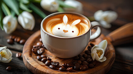 Obraz na płótnie Canvas Cup of latte coffee with Easter bunny shape art on foam, top view. Beautiful Easter and spring background. Coffee cup with latte art on wooden table with white tulips and coffe beans. 