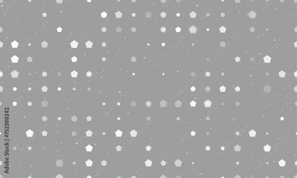 Poster seamless background pattern of evenly spaced white pentagon symbols of different sizes and opacity. 