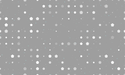Seamless background pattern of evenly spaced white pentagon symbols of different sizes and opacity. Vector illustration on grey background with stars